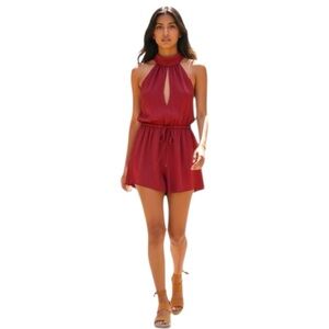 L'ATISTE Burgundy Red Romper Shorts Sz S Halter Tie Neck Double Keyhole Feminine